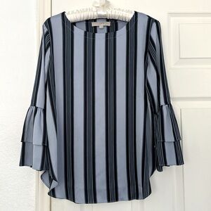 LOFT PULLOVER BLOUSE SILKY BLUE STRIPES BELL TIERED RUFFLE SLEEVES